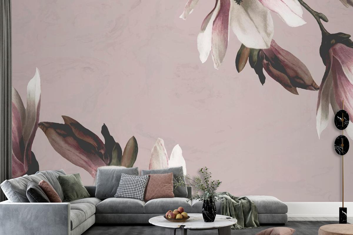 Magnolia Border On Beige Background Wallpaper Mural