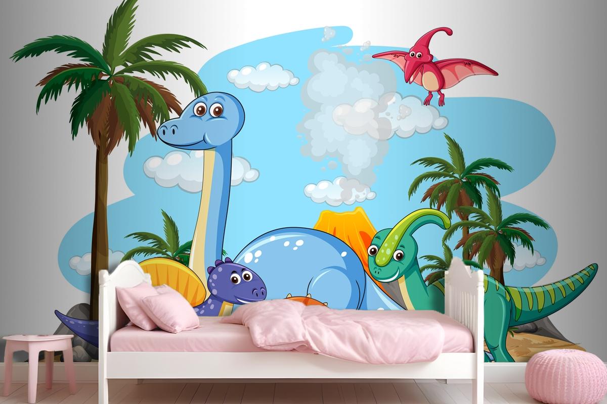 Many Cute Dinosaurs Character In Prehistoric Land Isolated Wallpaper Mural