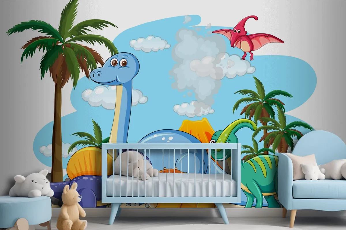 Many Cute Dinosaurs Character In Prehistoric Land Isolated Wallpaper Mural