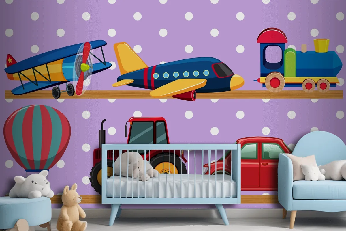 Many Transportation Toys On Wooden Shelves Wallpaper Mural