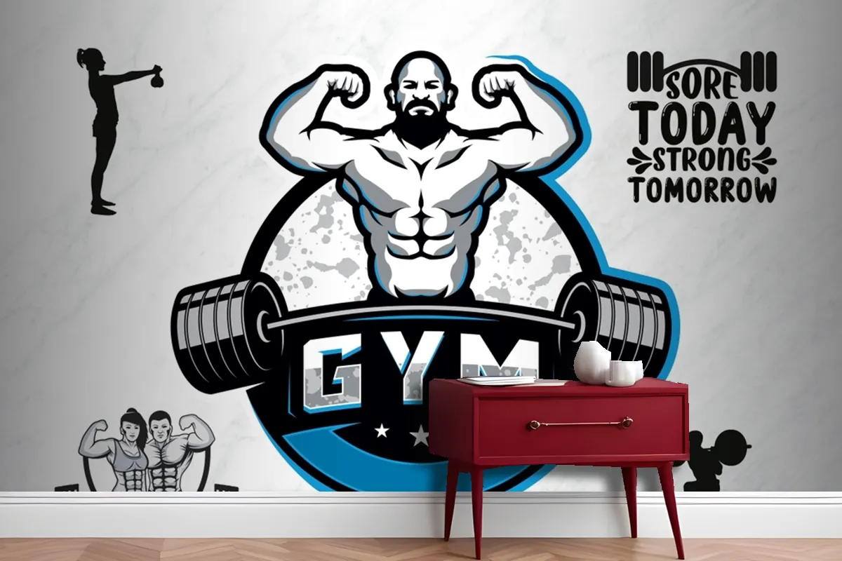 Mavi Temalı Halter Gym Fitness Duvar Kağıdı