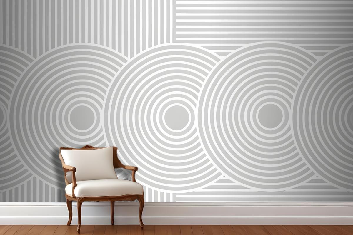 Minimalist Abstract Geometric Patterns Of Concentric Circles And Vertical Lines In Shades Of Gray Wallpaper Mural