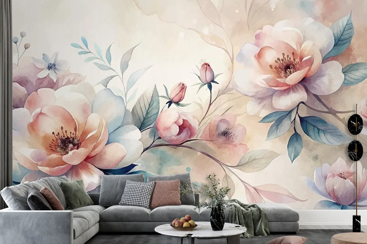 Minimalist Blooming Flower Watercolor Background Beautifully Scattered Wallpaper Mural