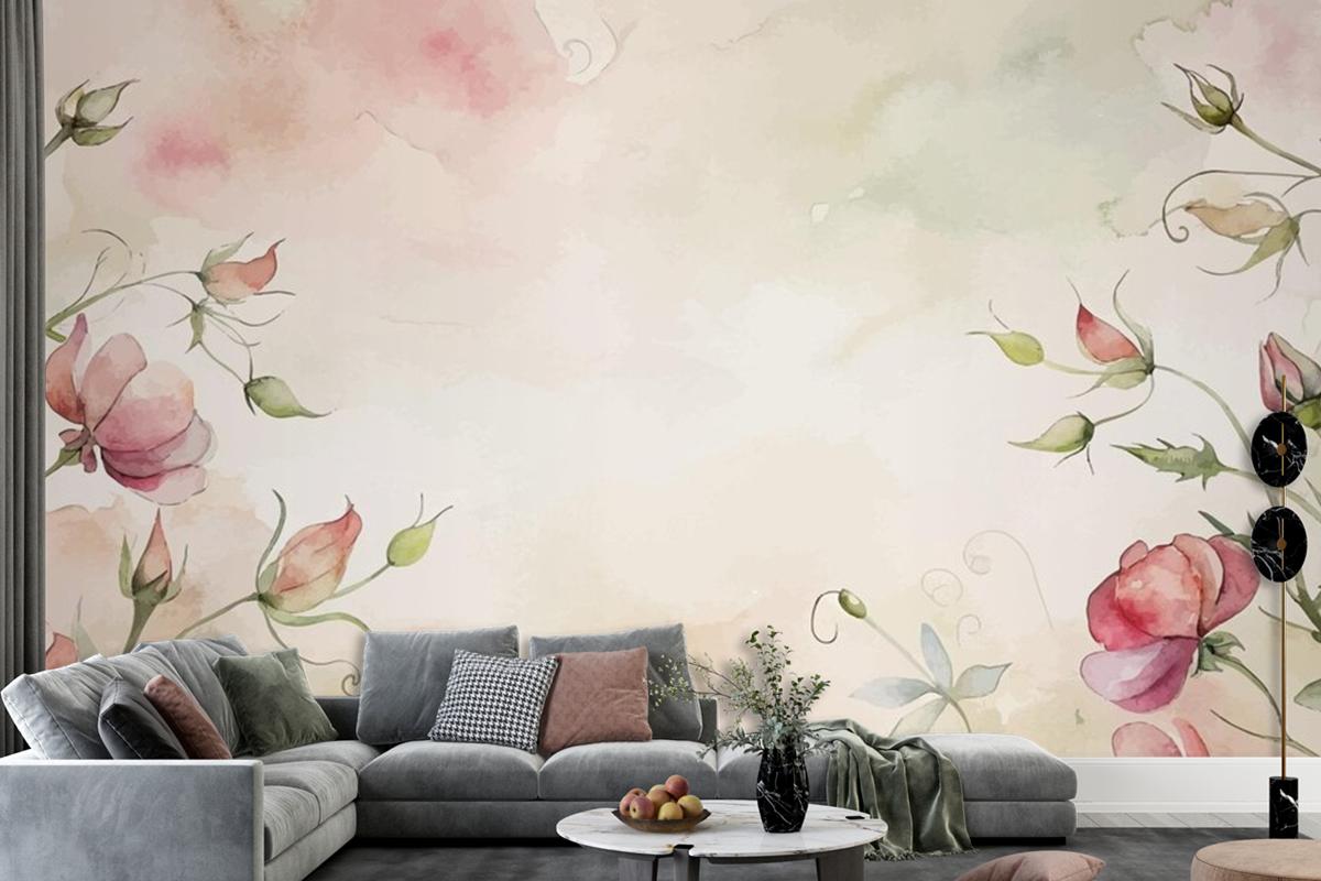 Minimalist Watercolor Background Of Sweet Peas Flowers Wallpaper Mural