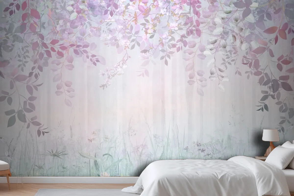 Misty Forest In A Rainbow Haze With Hanging Branches And Meadow Flowers Wallpaper Mural