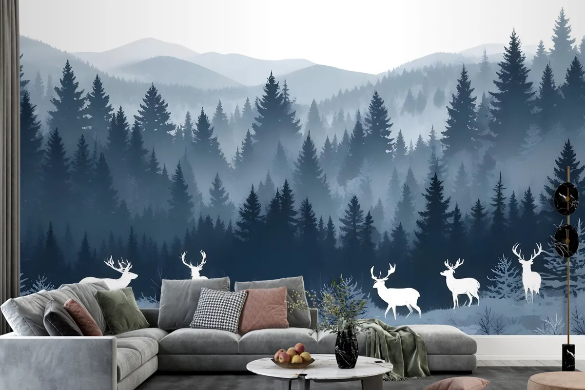 Misty Forest Landscape And Horned Deer Wallpaper Mural