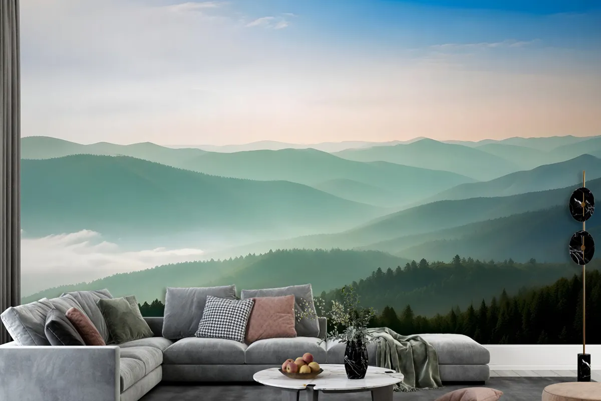 Misty Mountain Green Forest Scenic Wallpaper Mural