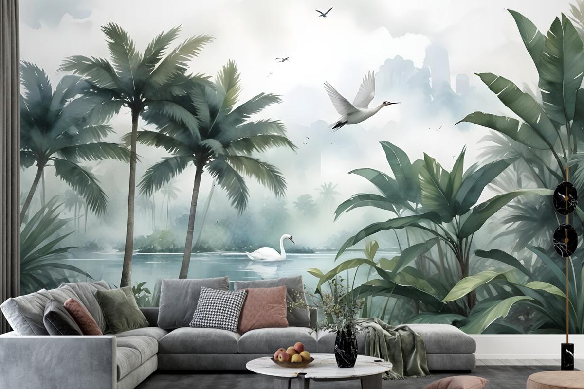 Misty Tropical Forest With Lake Wallpaper Mural