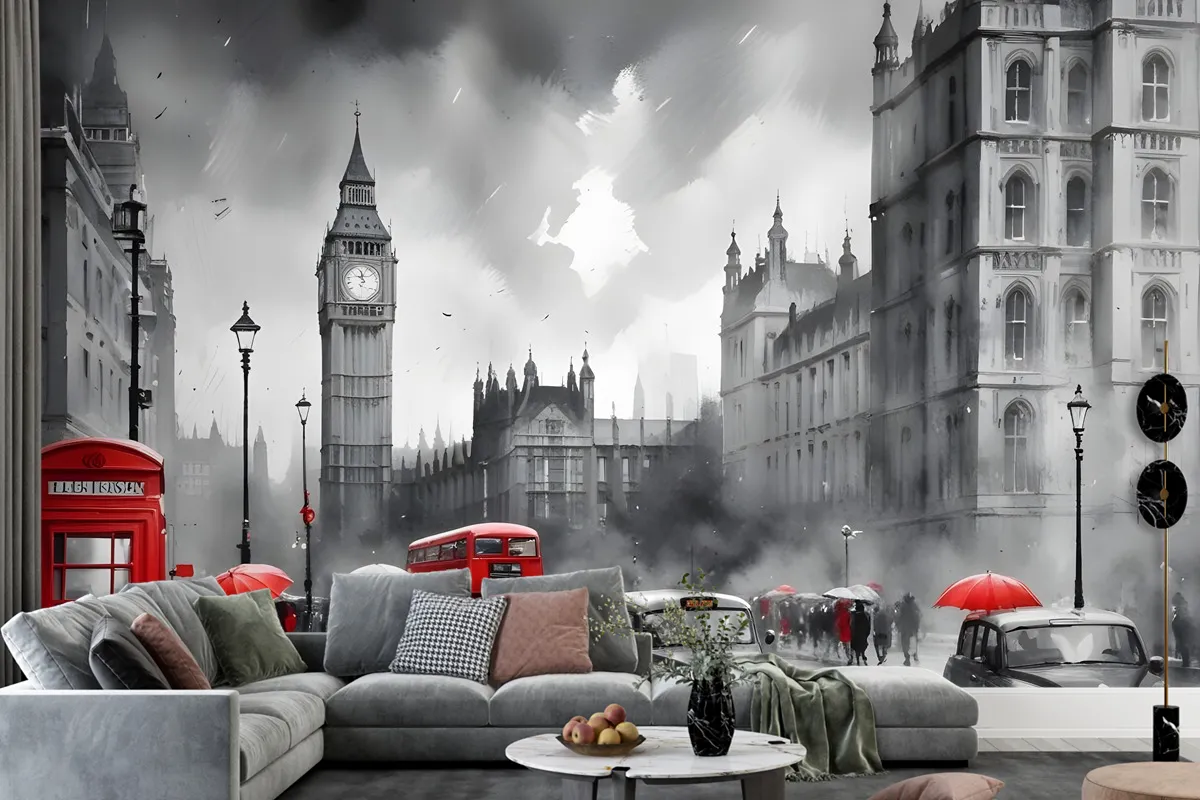 Monochrome Charcoal City Landscape And Red Bus Wallpaper Mural