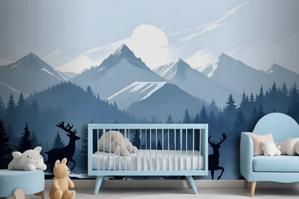 Monochrome Dark Blue Snowy Forest With Horned Deer Silhouette For Kids Wallpaper Mural