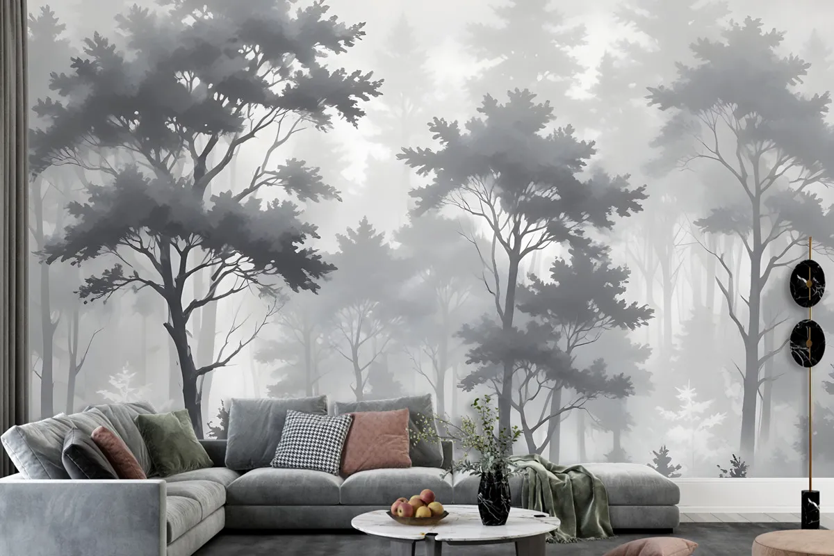 Monochrome Forest Silhouette Landscape Wallpaper Mural