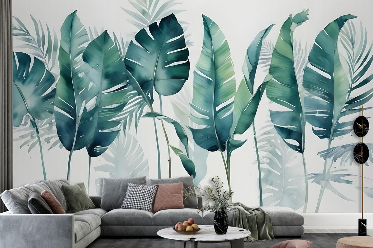 Monochrome Green Banana Leaf Wallpaper Mural