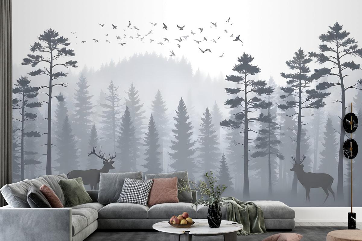 Monochrome Mountain And Forest Scape Wallpaper Mural