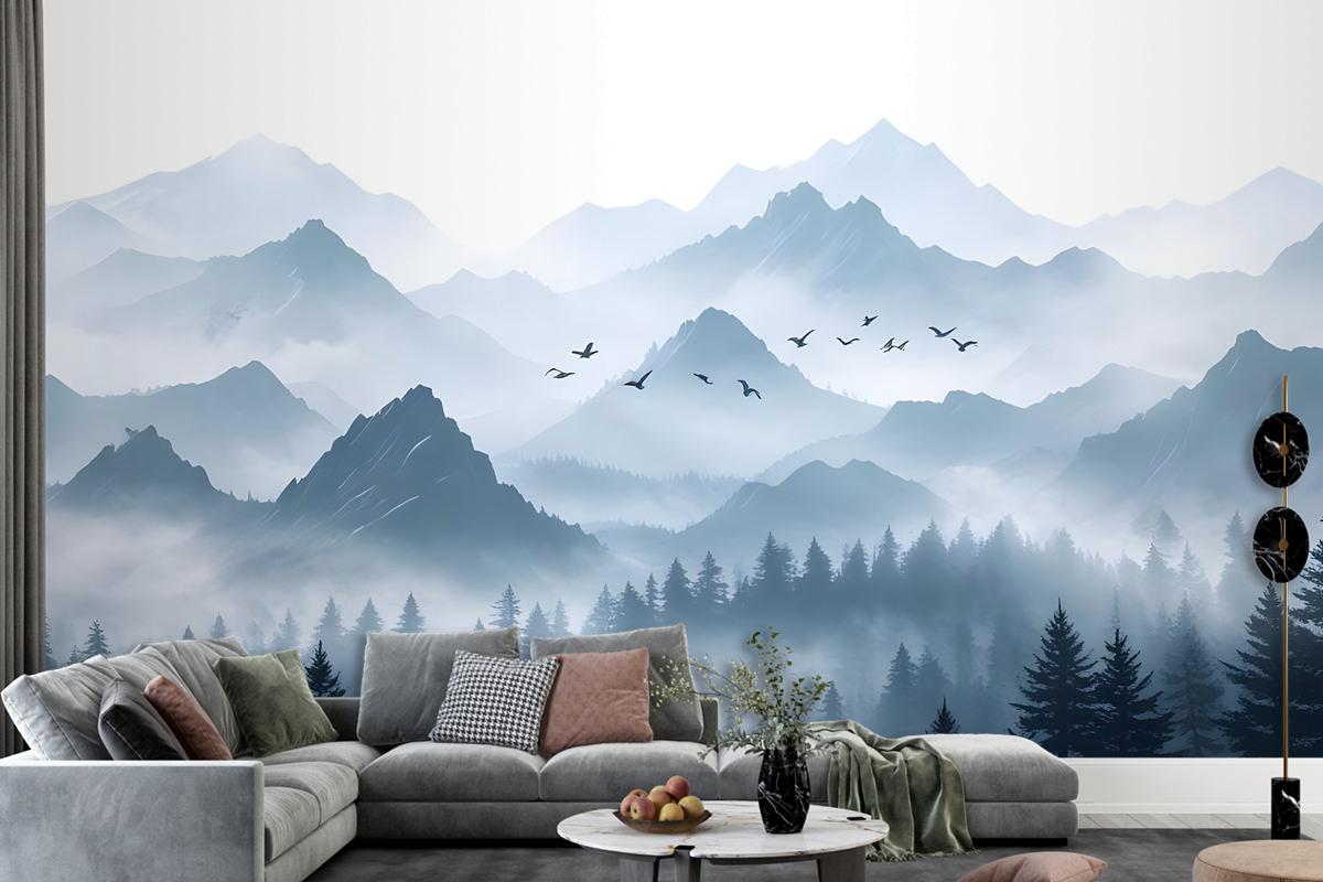 Monochrome Mountainscape With Misty Forest Wallpaper Mural