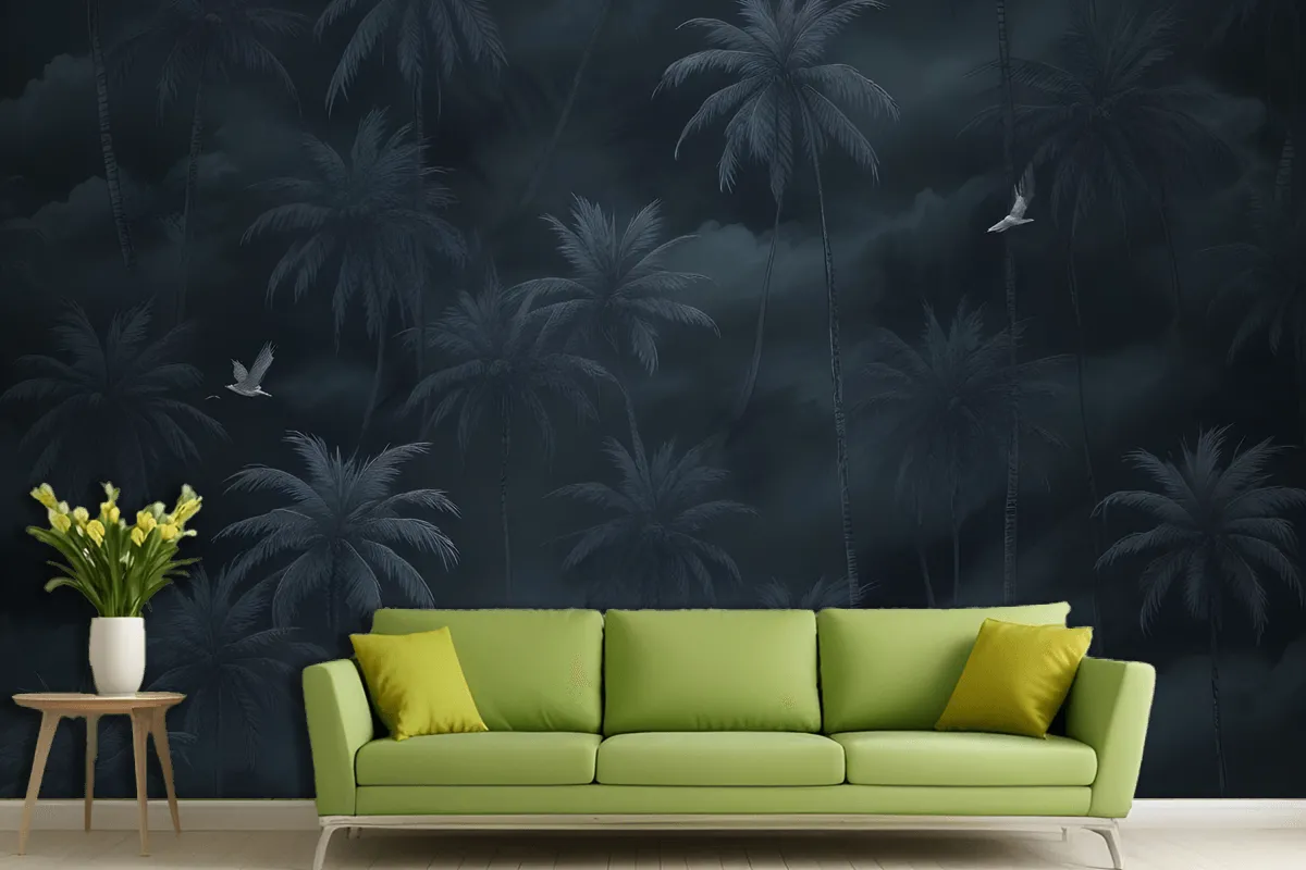 Moody Stormy Sky Dark Tropical Palm Trees Silhouettes Birds Wallpaper Mural