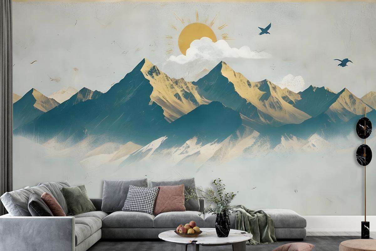 Mountain Sunrise Landscape And Old Plaid Texture Wallpaper Mural