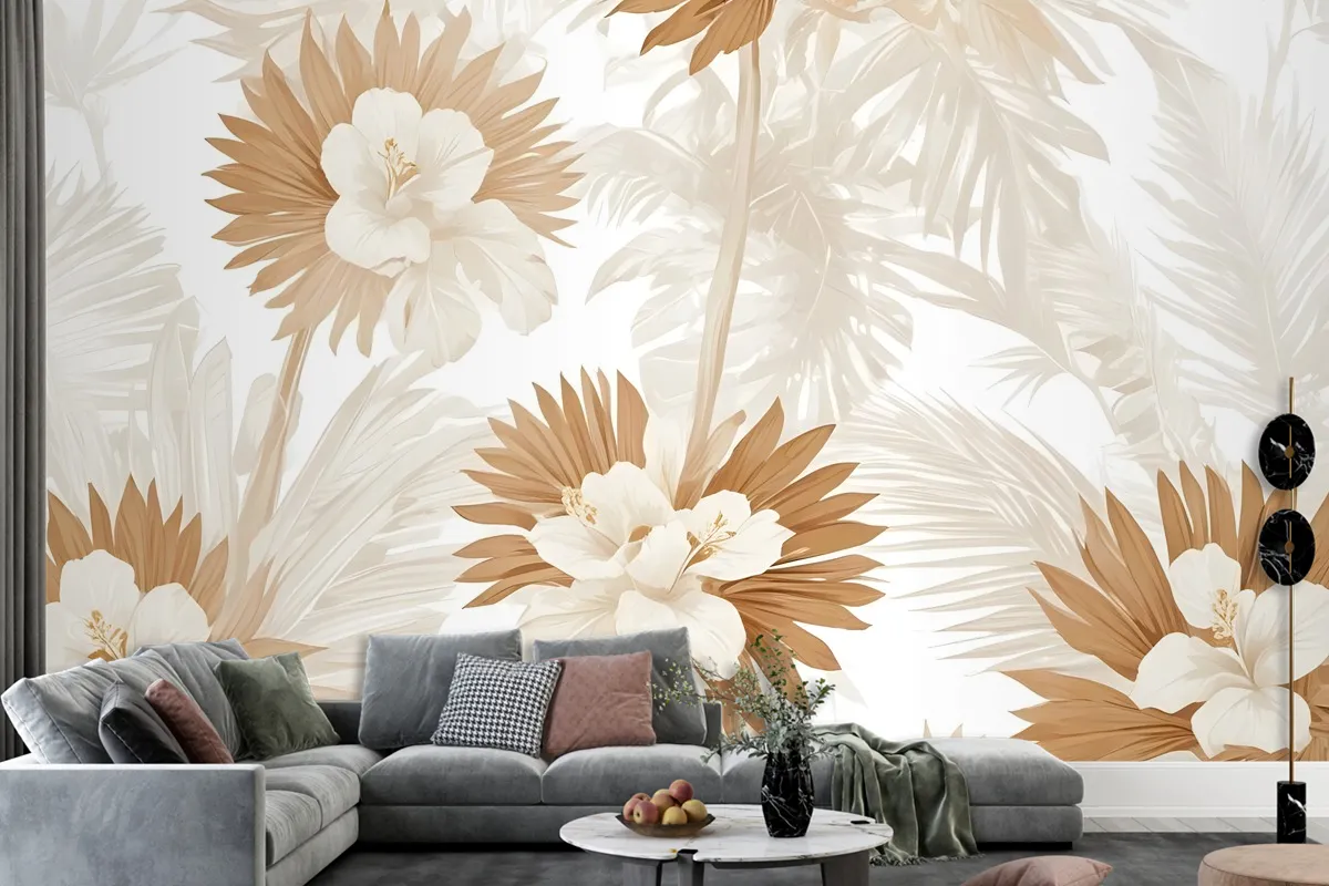 Neutral Boho Plants With Palm Leaf Wallpaper Mural