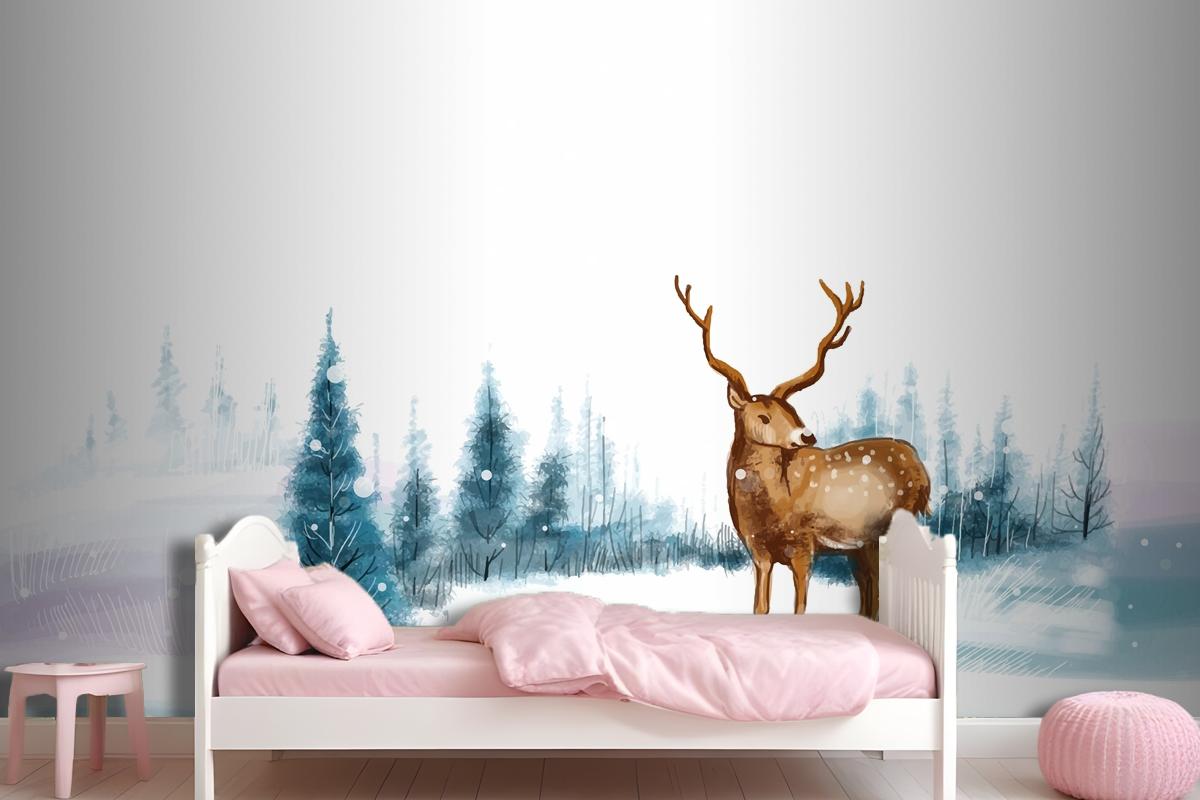 New Year And Christmas Tree Winter Landscape Background With Reindeer Wallpaper Mural