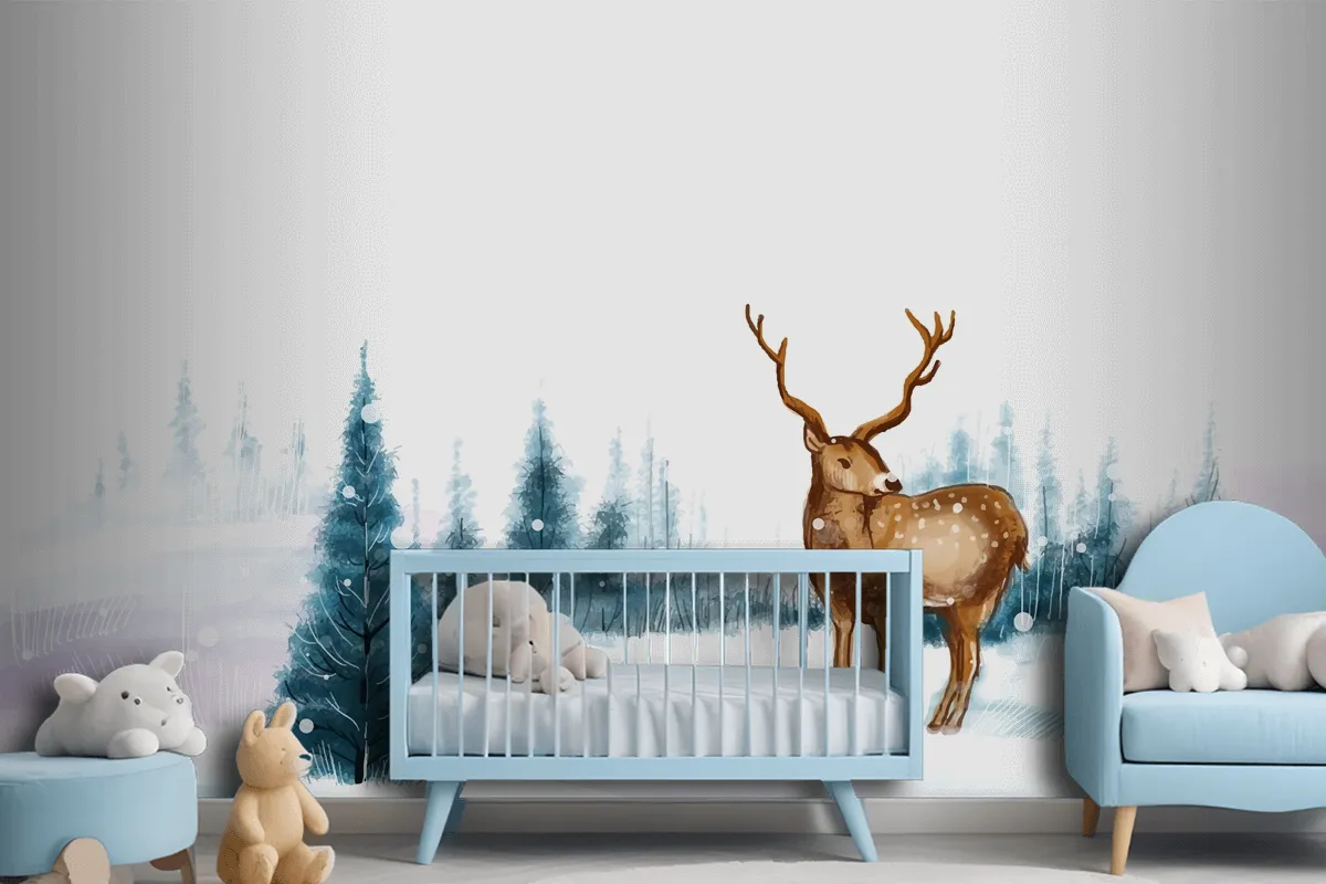 New Year And Christmas Tree Winter Landscape Background With Reindeer Wallpaper Mural