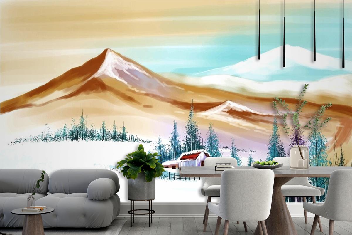 New Year And Christmas Tree Winter Landscape In Mountains Wallpaper Mural