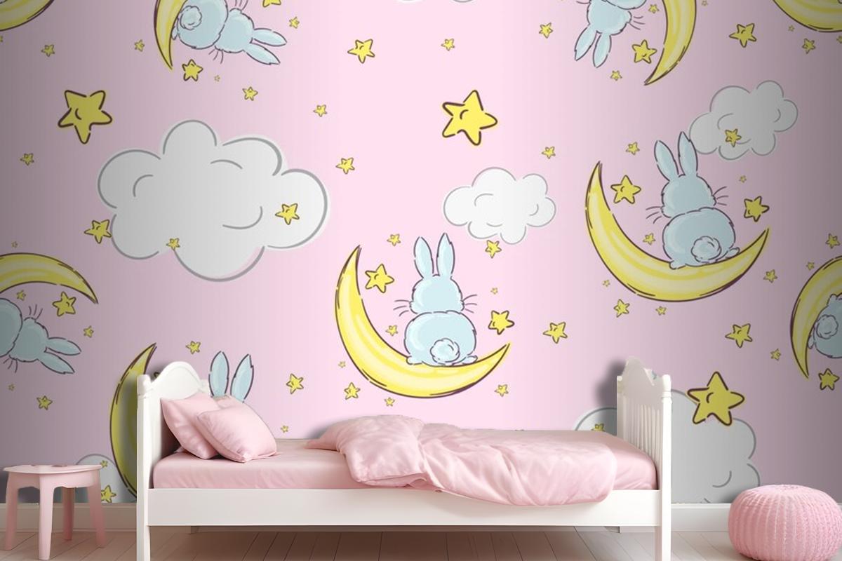 Night Sky Doodle Pattern With Cute Rabbits Sitting On Moons And Stars Seamless Wallpaper Mural