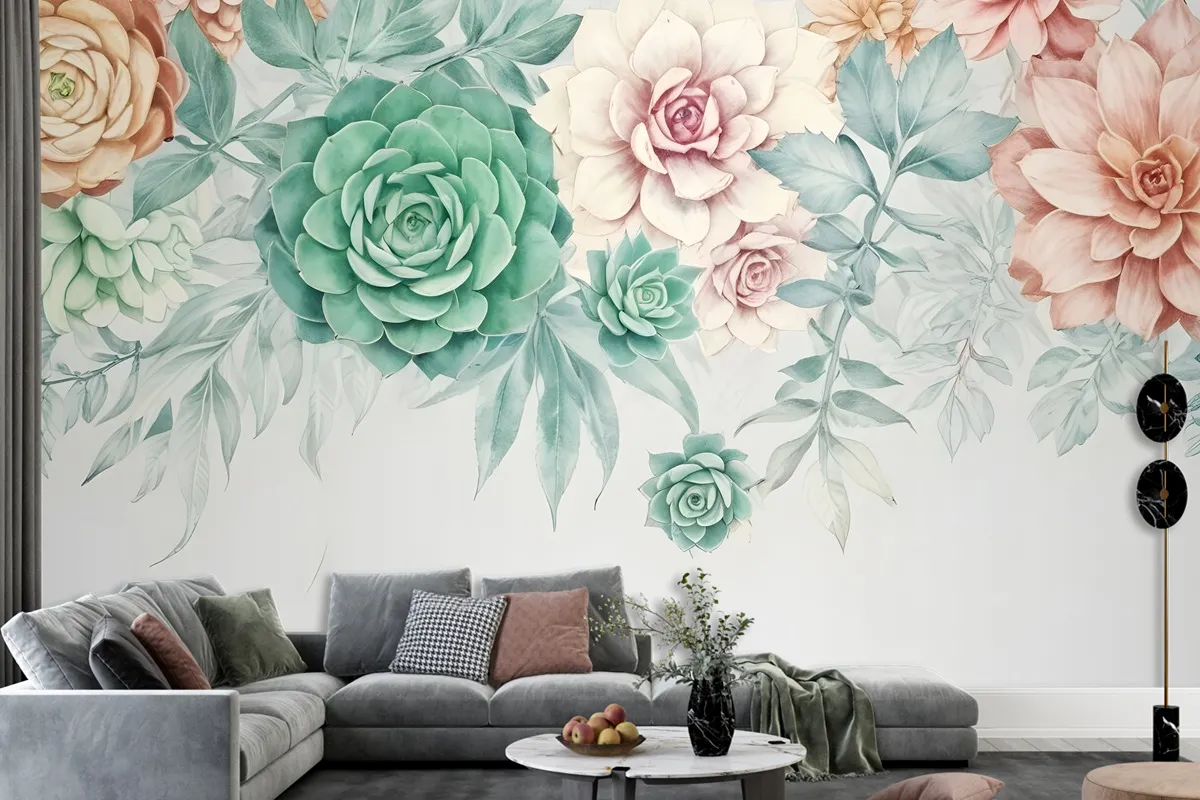 Nostalgic Soft Green Vine Floral Art Wallpaper Mural