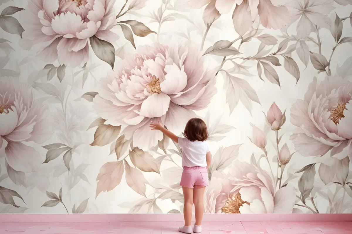 Nursery Pastel Peony Watercolor Floral For Girls Wallpaper Mural