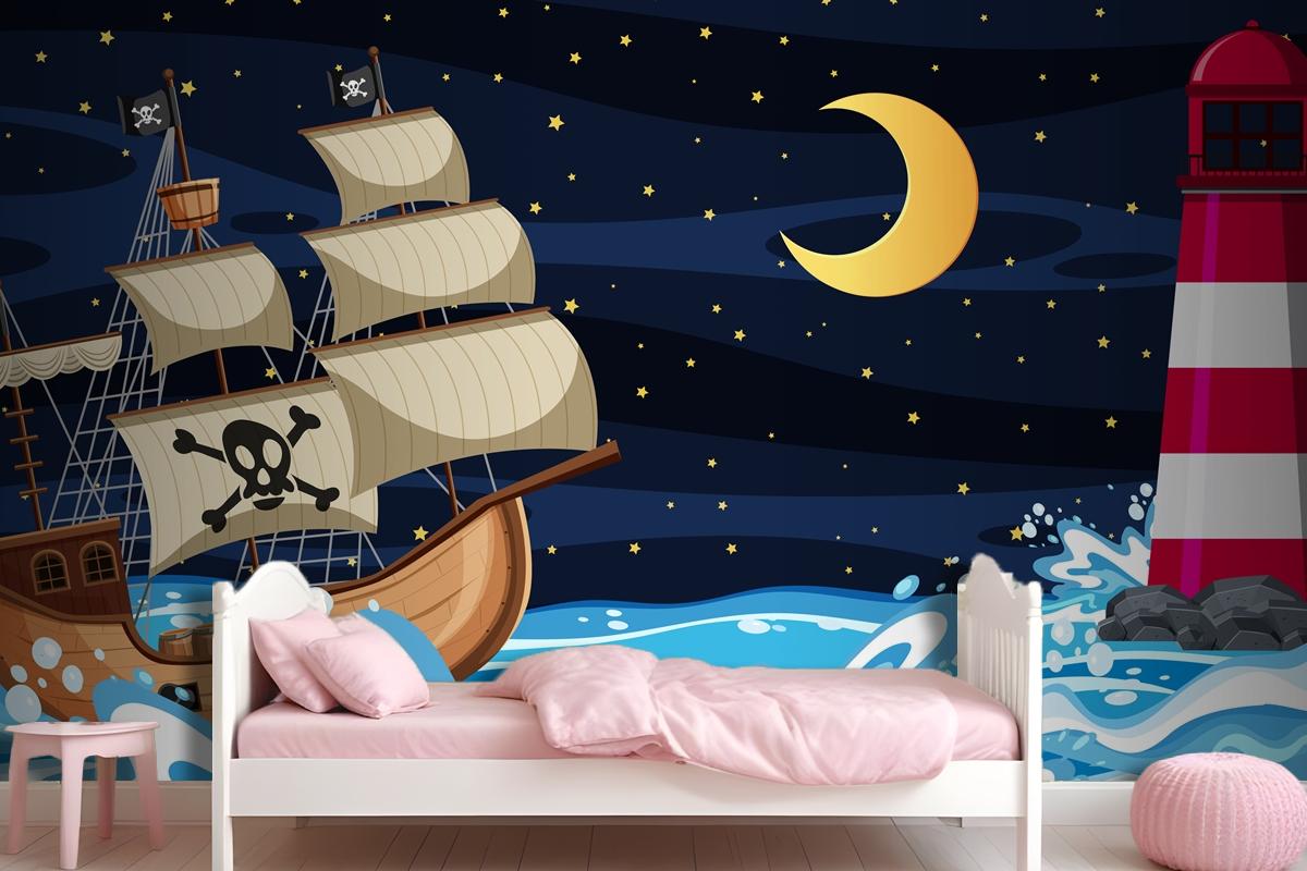 Ocean Scene At Night With Pirate Ship In Cartoon Style Wallpaper Mural