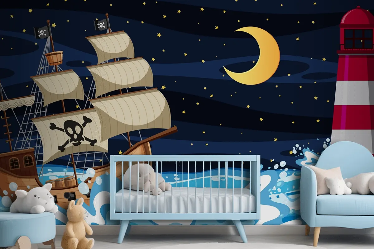 Ocean Scene At Night With Pirate Ship In Cartoon Style Wallpaper Mural