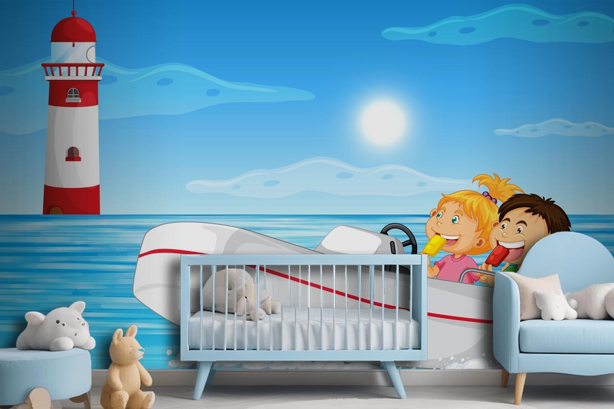 Ocean Scenery With Children On Motorboat Wallpaper Mural