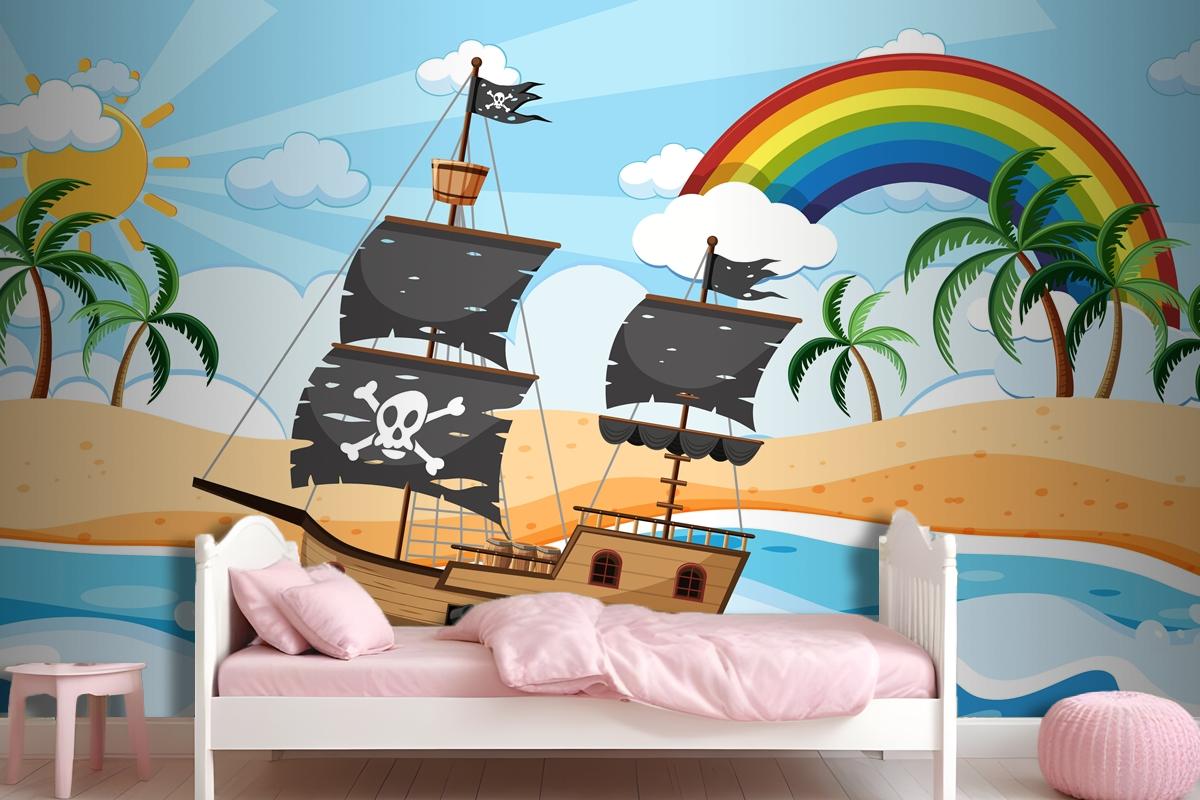 Ocean With Pirate Ship At Day Time Scene In Cartoon Style Wallpaper Mural