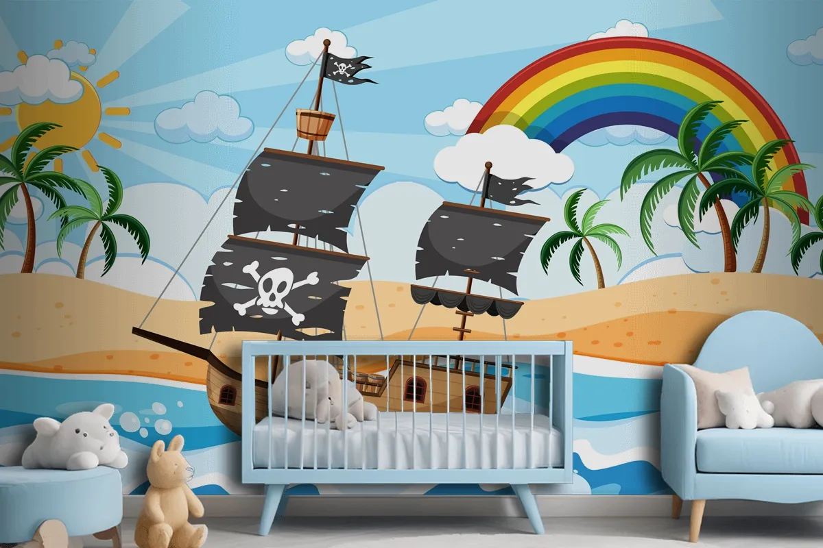 Ocean With Pirate Ship At Day Time Scene In Cartoon Style Wallpaper Mural