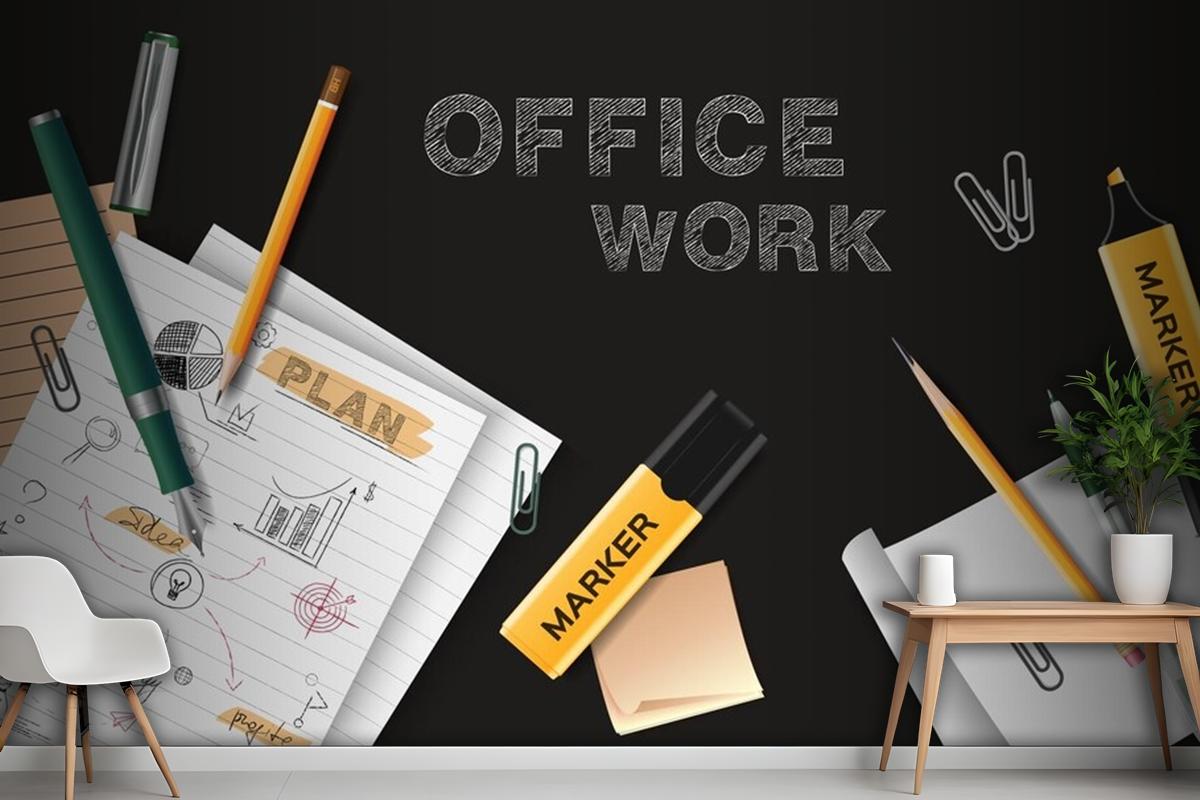 Office Work Black Chalkboard With Sheets Of Paper With Notes Scattered On It Realistic Wallpaper Mural