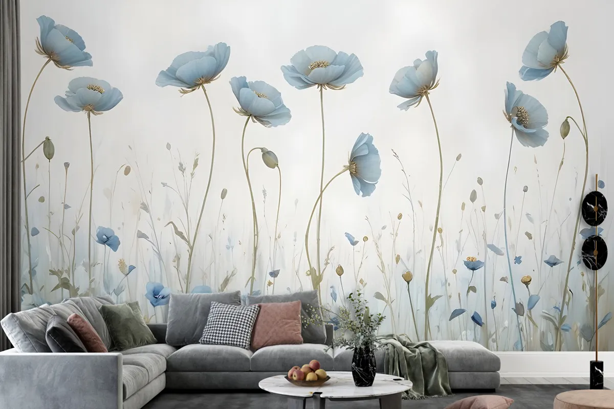 Oil Painting Blue Poppy Flowers Wallpaper Mural