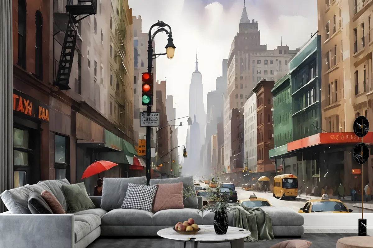 Oil Paintinging Style Street View Of New York City Landscape Wallpaper Mural