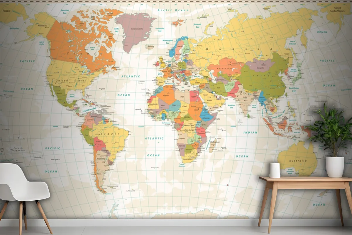 Old Retro World Map With Lakes And Rivers Wallpaper Mural