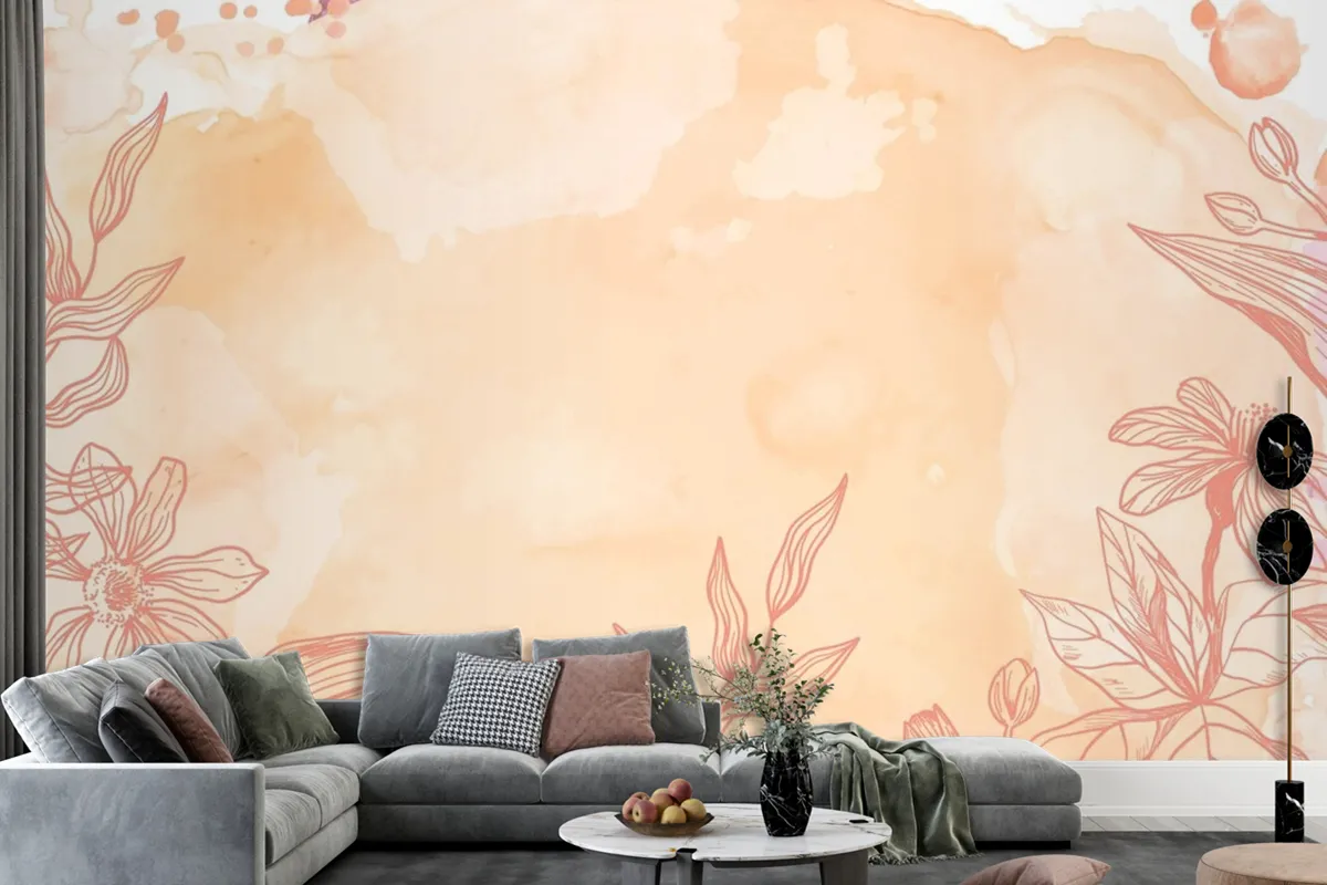 Orange Powder Pastel With Hand Drawn Flowers Background Wallpaper Mural