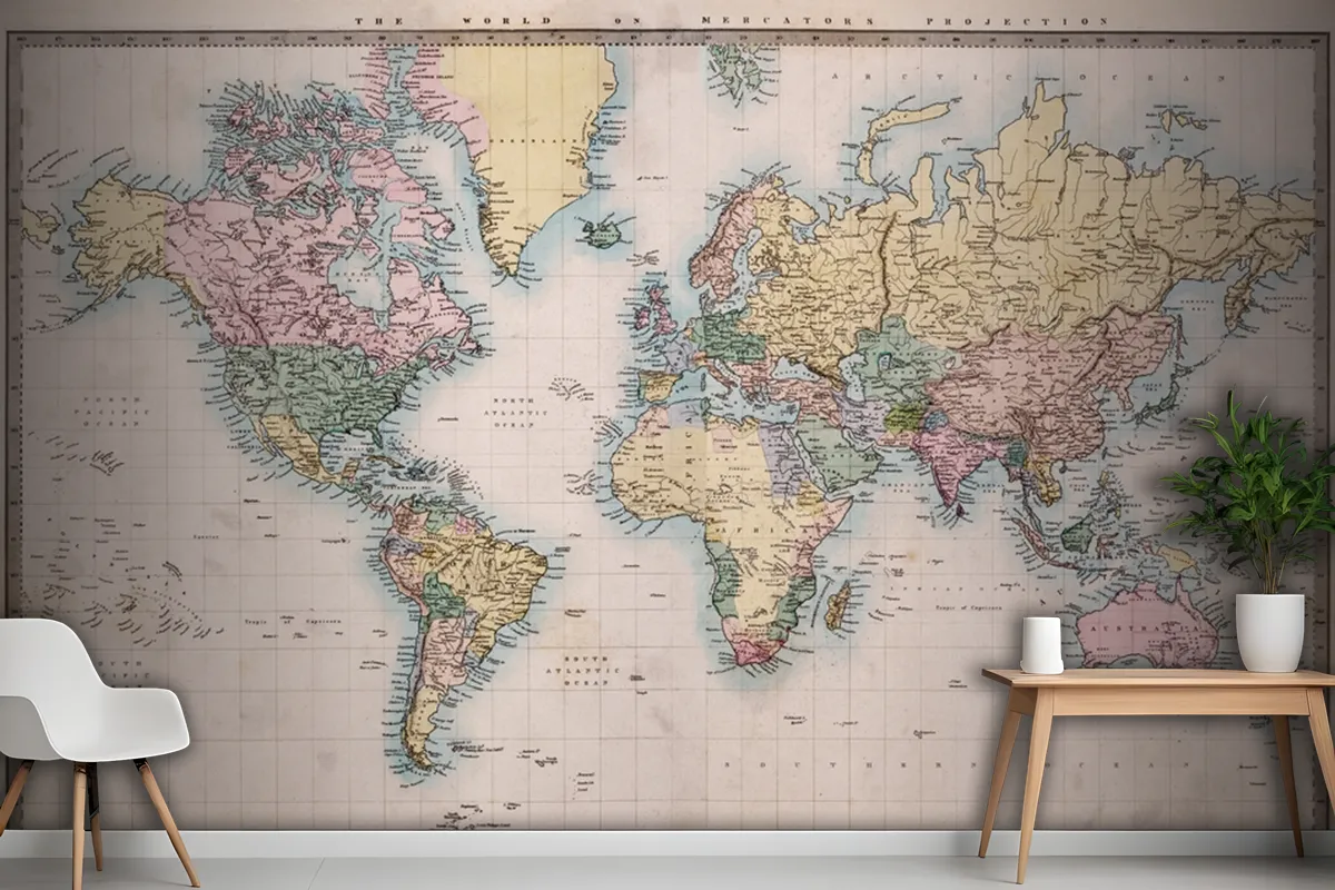 Original Old Hand Coloured Map Of The World Wallpaper Mural