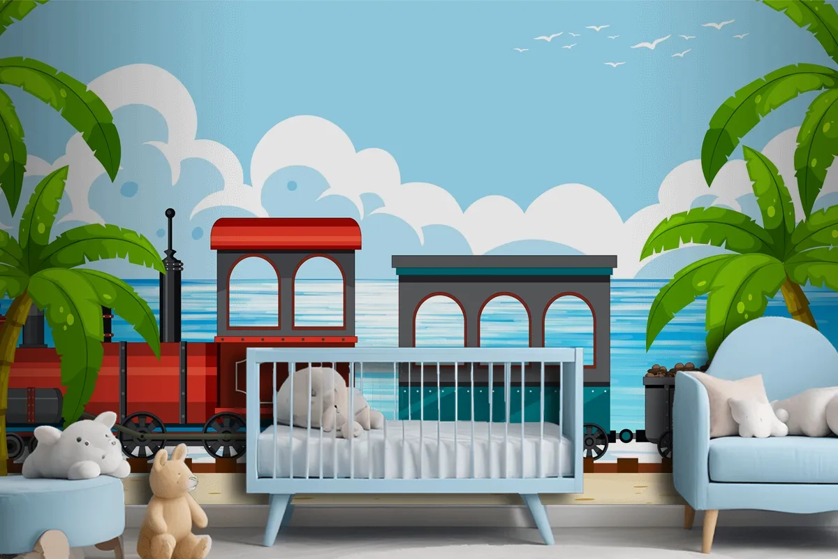 Outdoor Scene With A Steam Locomotive Train Boys Wallpaper Mural