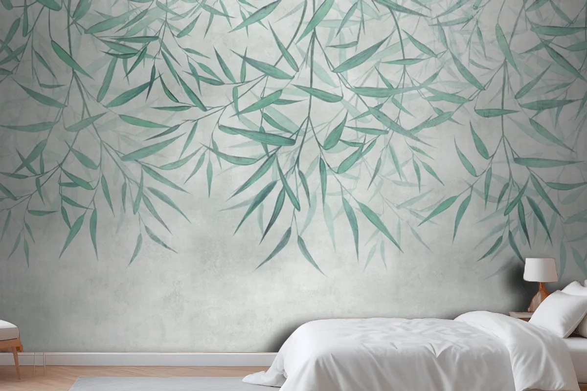 Painted Reed Bamboo Leaves Hanging From Above On A Textured Background Wallpaper Mural