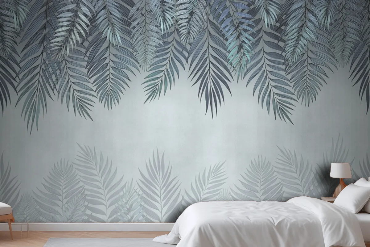 Palm Leaves In Pale Blue Flowers Wallpaper Mural