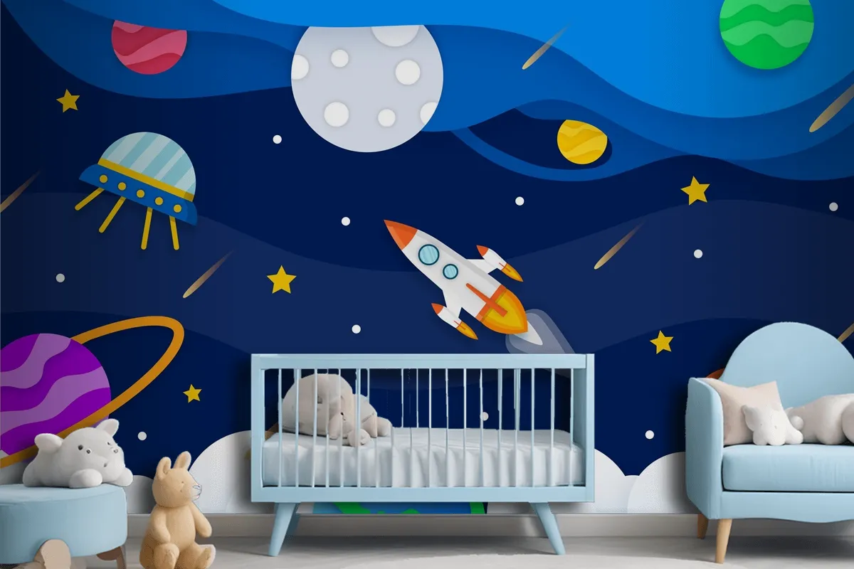 Paper Style Galaxy With Rocket Wallpaper Mural