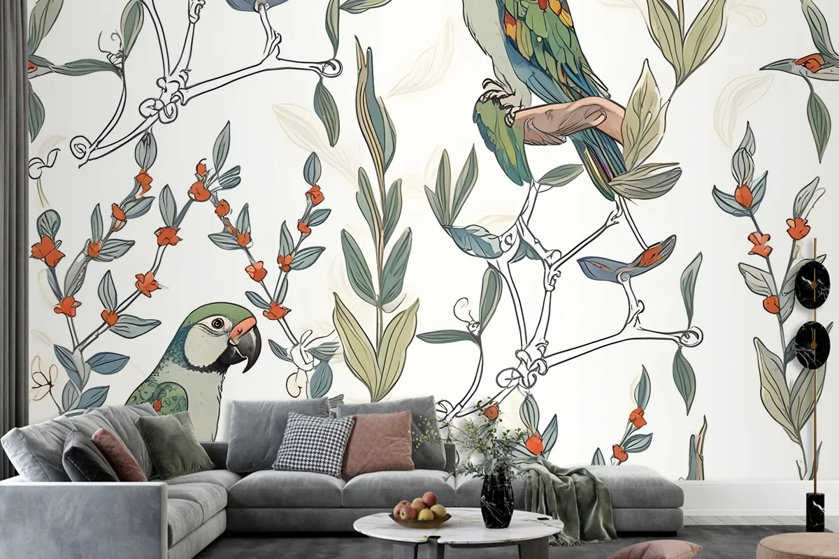 Parrot On Branches Wallpaper Mural