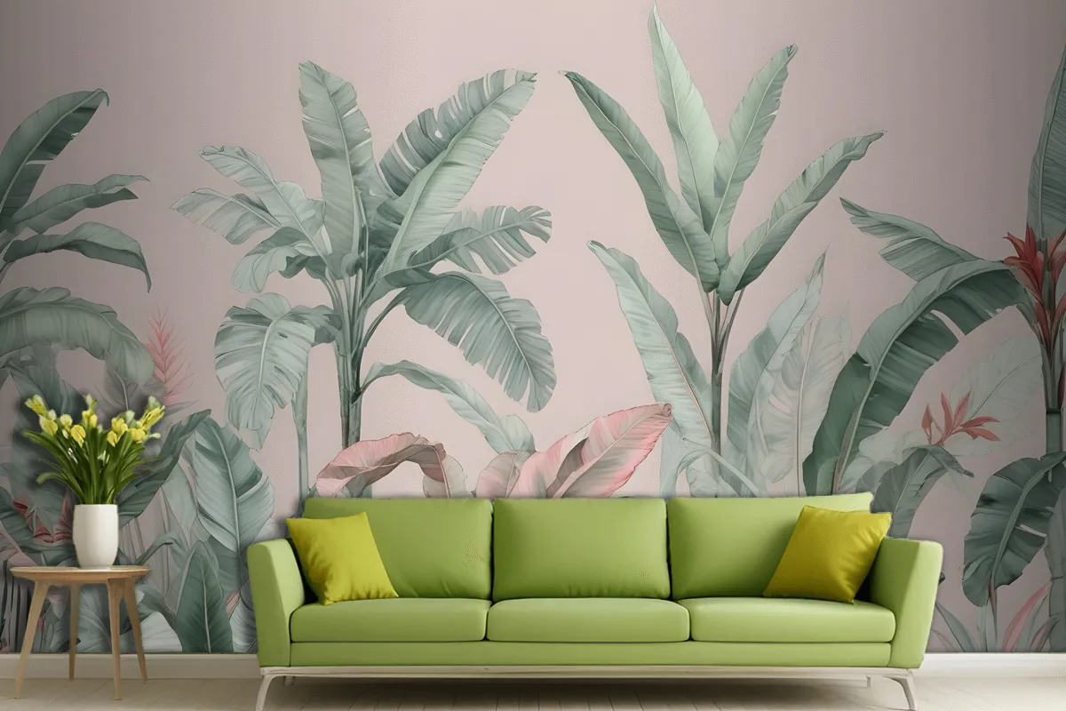 Pastel Pink & Green Vintage Tropical Wallpaper Mural