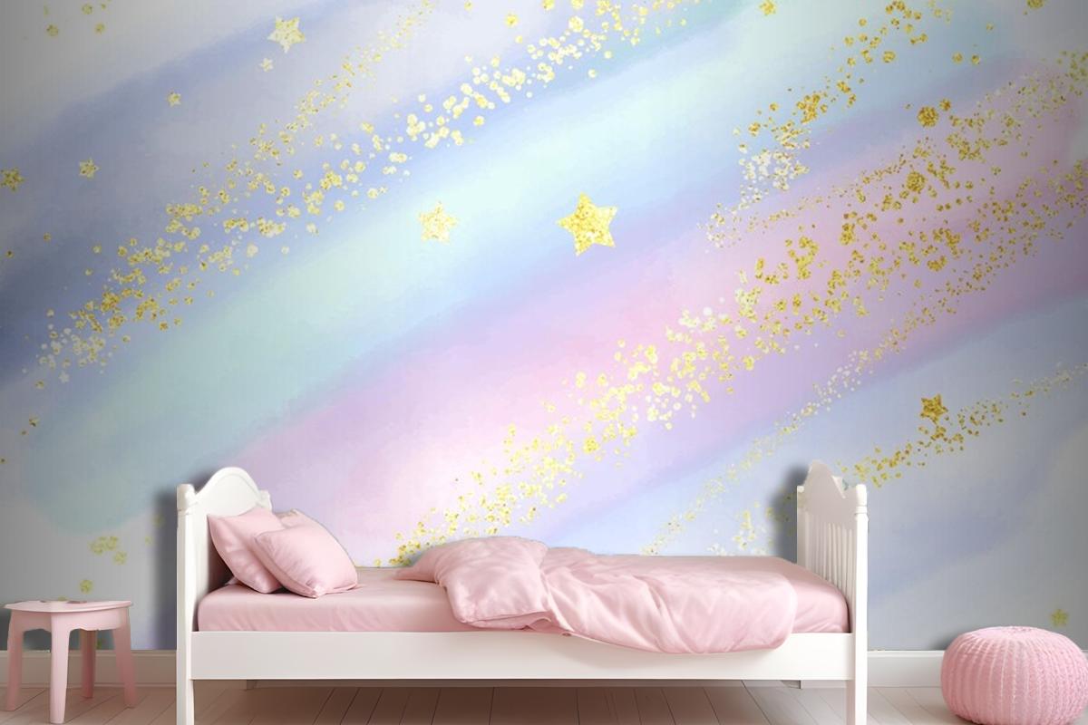 Pastel Watercolour Background With Glittery Gold Stars And Confetti Wallpaper Mural