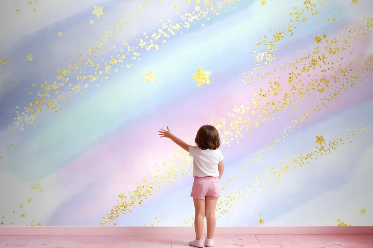 Pastel Watercolour Background With Glittery Gold Stars And Confetti Wallpaper Mural