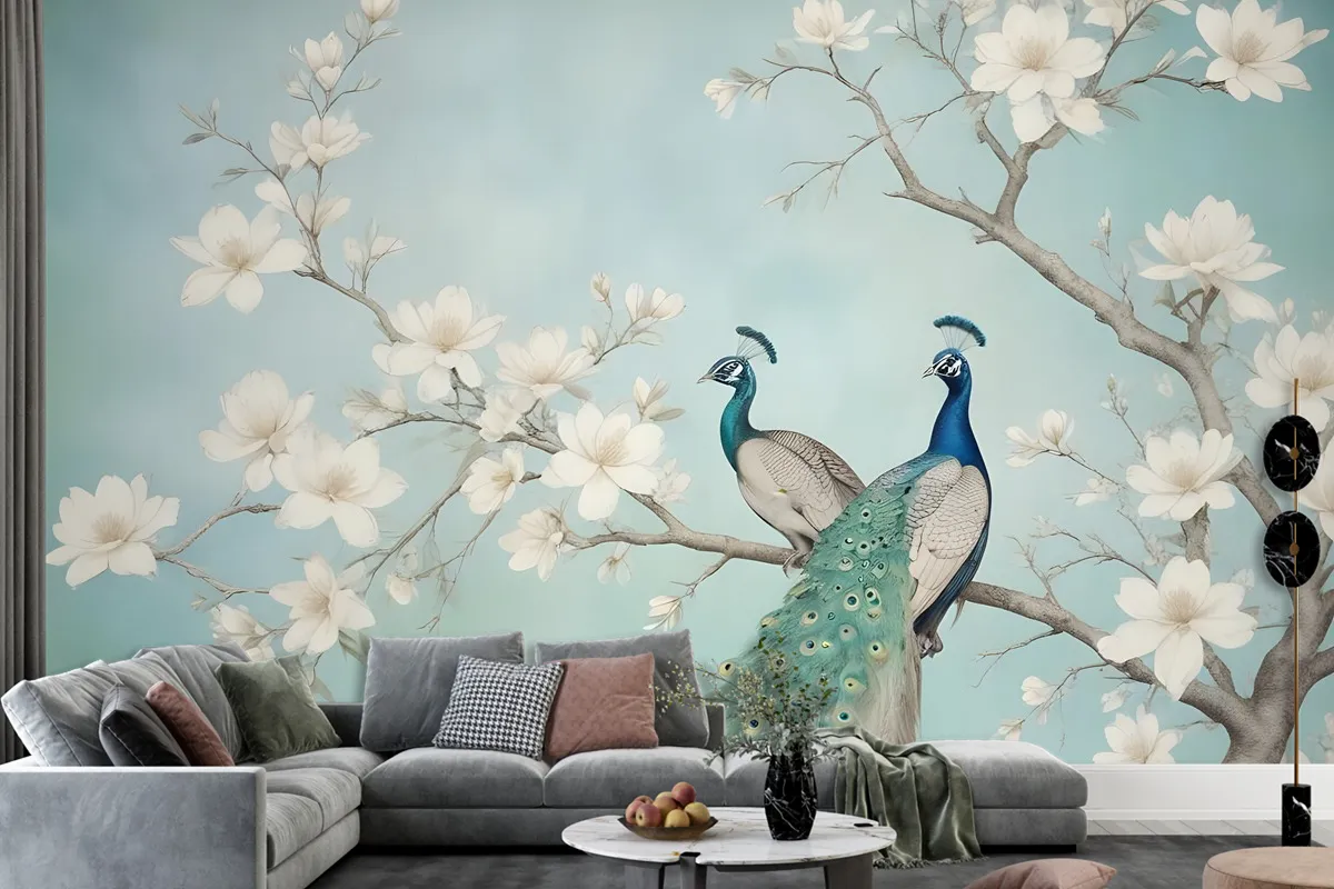 Peacock With Magnolia Blossom Wallpaper Mural