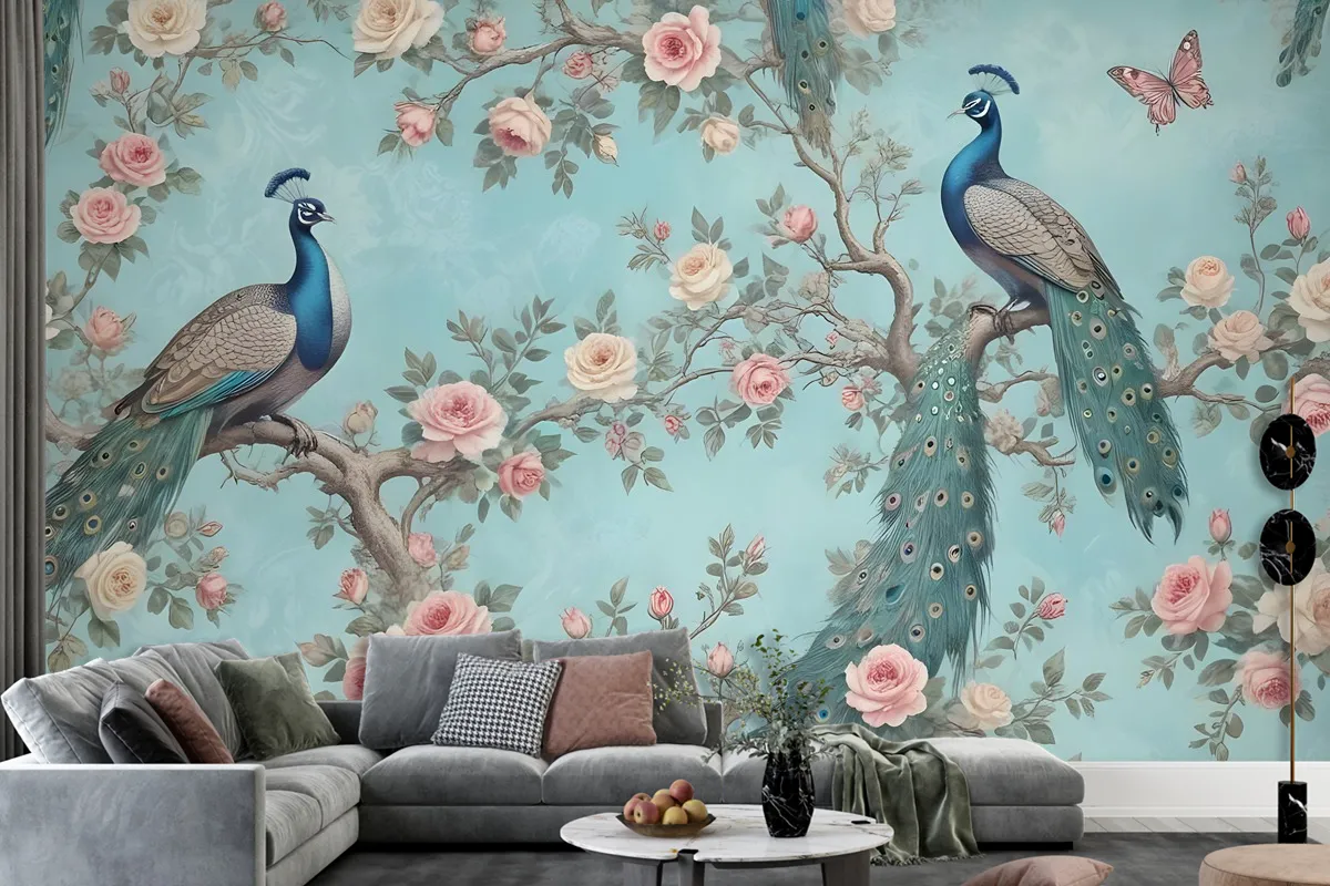 Peacock With Peony Blossom Wallpaper Mural