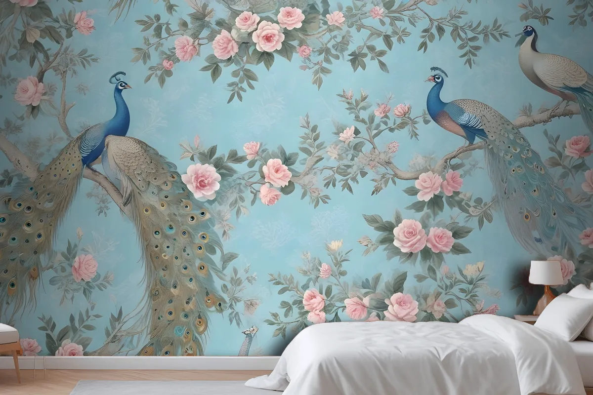 Peacock With Peony Blossom Wallpaper Mural