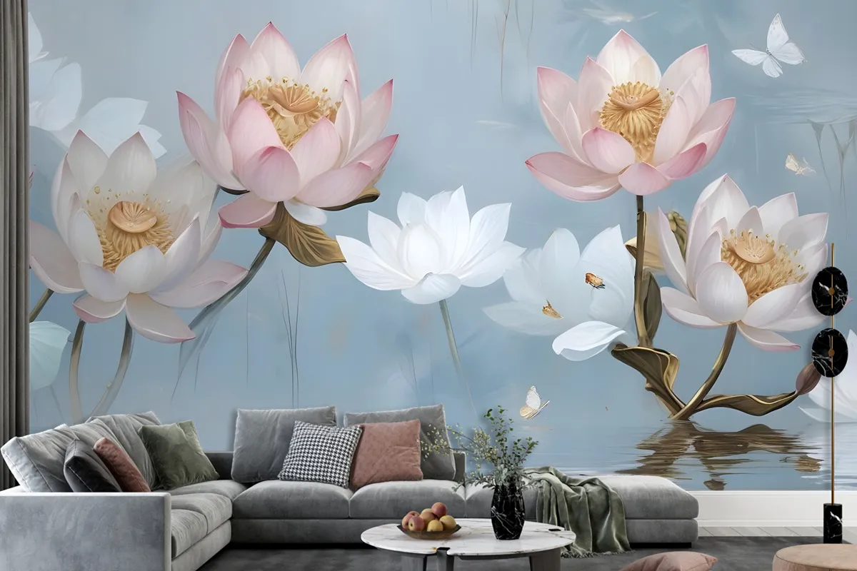 Pearl Lotus Flower And Little Butterfly Wallpaper Mural